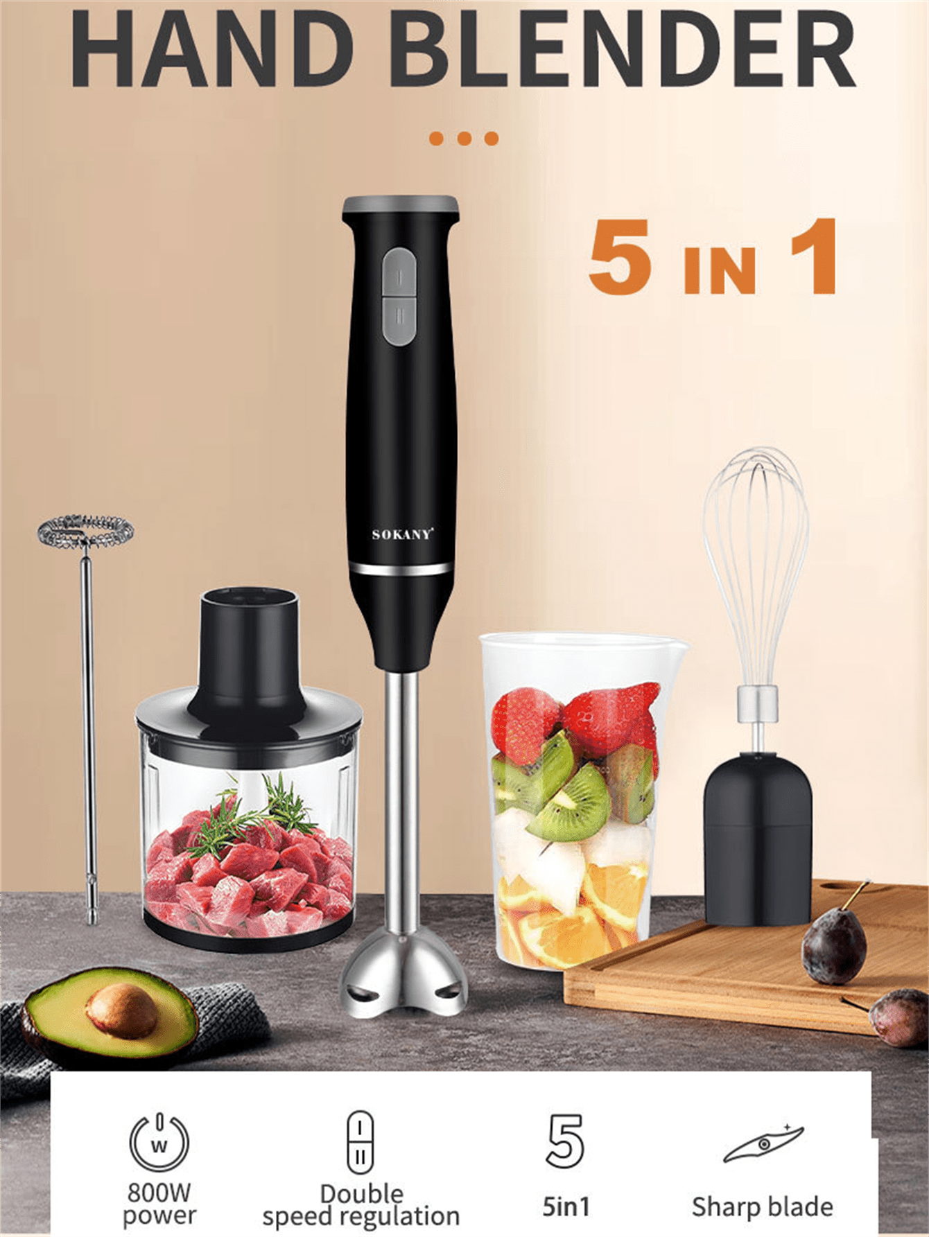 Baby Food Hand Blender - SOKANY 1714 Immersion Hand Blender, 2-Speed,